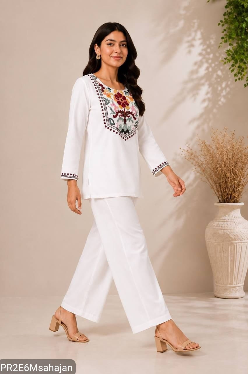 Slub Cotton Embroidered Kurta Pant Set for Women