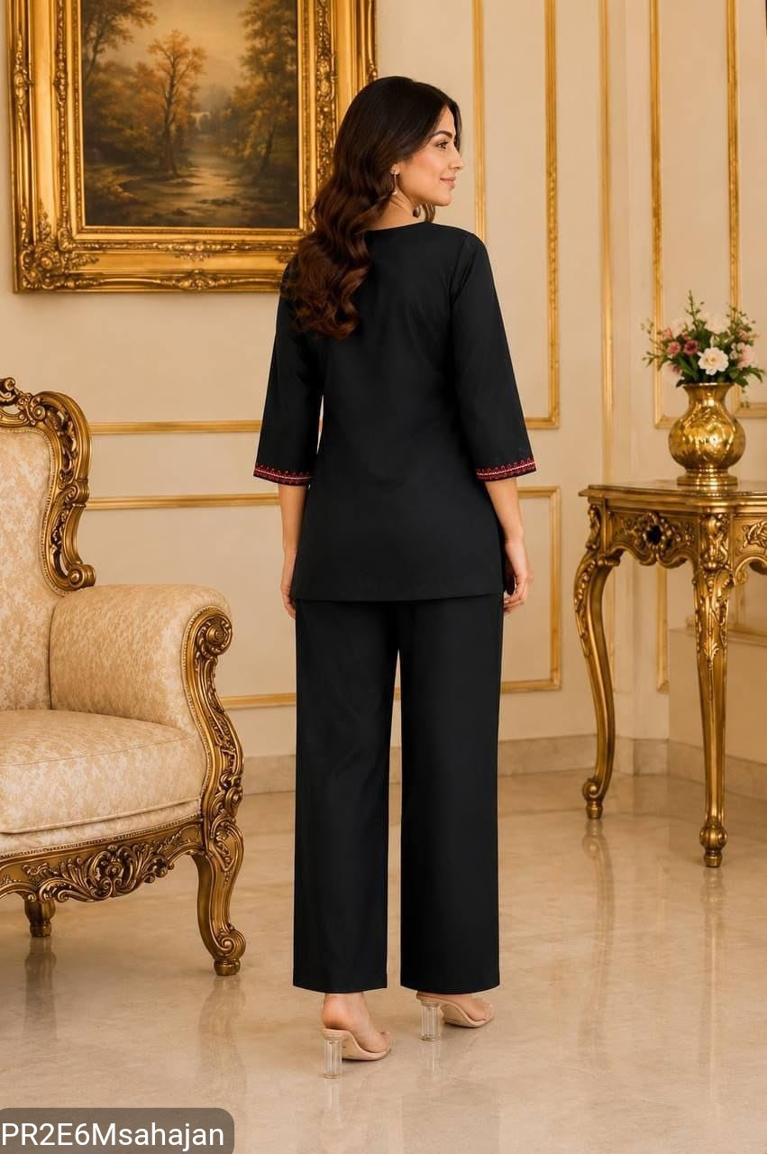 Slub Cotton Embroidered Kurta Pant Set for Women