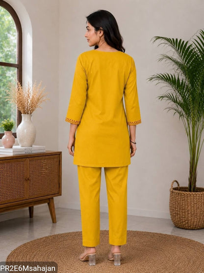 Slub Cotton Embroidered Kurta Pant Set for Women