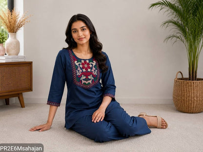 Slub Cotton Embroidered Kurta Pant Set for Women