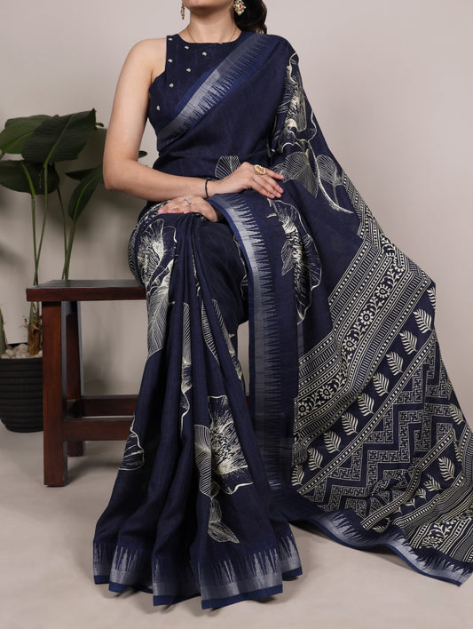 Slub Silk Saree with Floral Print & Zari Border with Blouse