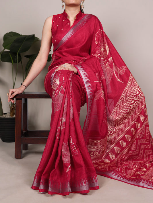 Slub Silk Saree with Floral Print & Zari Border with Blouse