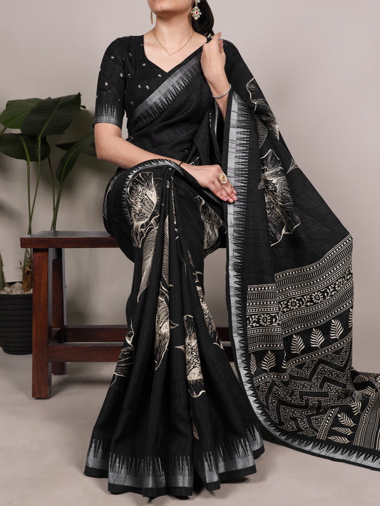 Slub Silk Saree with Floral Print & Zari Border with Blouse