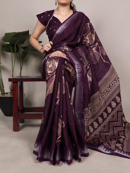 Slub Silk Saree with Floral Print & Zari Border with Blouse