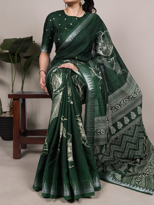 Slub Silk Saree with Floral Print & Zari Border with Blouse