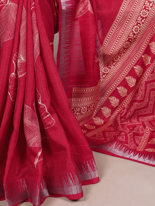 Slub Silk Saree with Floral Print & Zari Border with Blouse