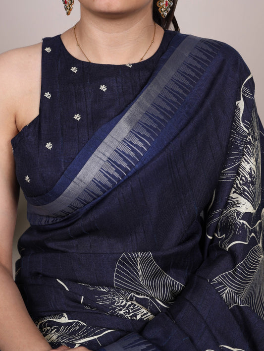 Slub Silk Saree with Floral Print & Zari Border with Blouse