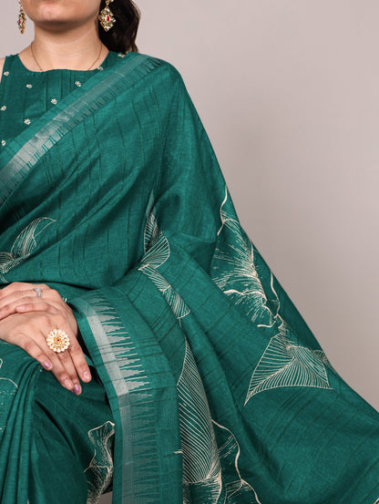 Slub Silk Saree with Floral Print & Zari Border with Blouse