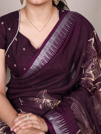 Slub Silk Saree with Floral Print & Zari Border with Blouse