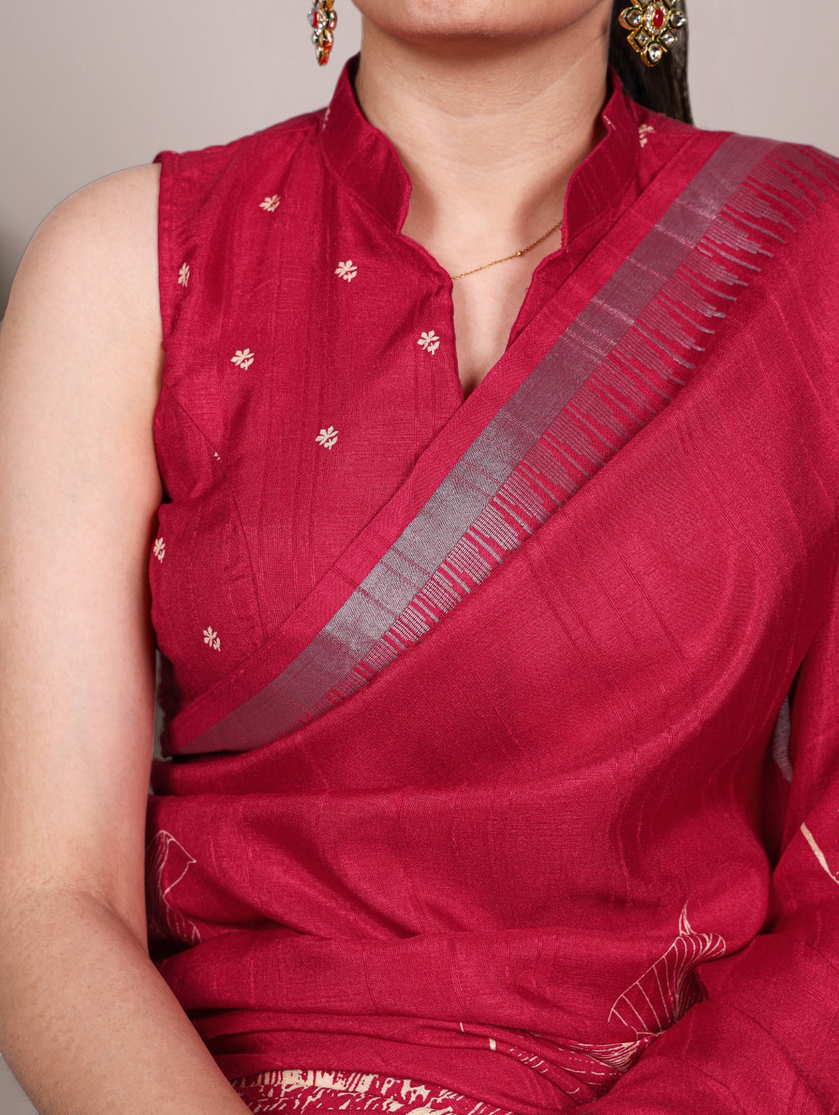 Slub Silk Saree with Floral Print & Zari Border with Blouse