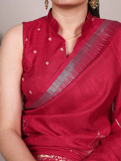 Slub Silk Saree with Floral Print & Zari Border with Blouse