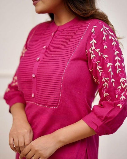 Hot Pink Kurti Pant Set with Embroidery & Pintex Detailing