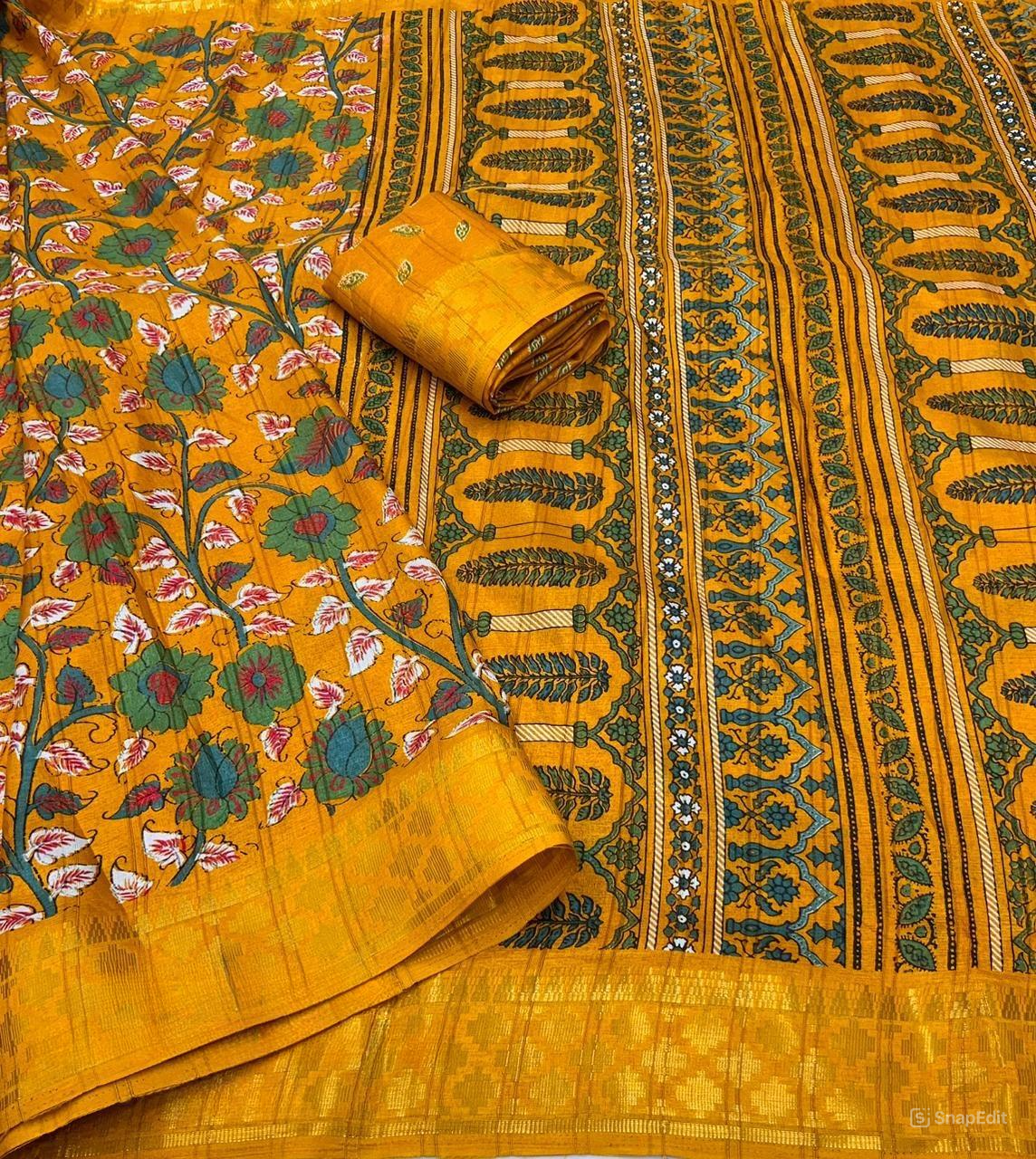 Mustard Slub Silk Kalamkari Printed Saree with Jacquard Woven Zari Border