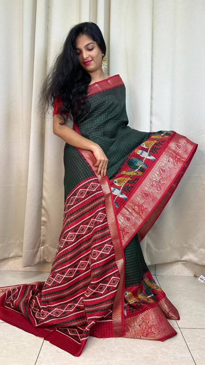 Dola Silk Saree with Jari Chex Design & 9" Jacquard Border (Running Blouse Included)