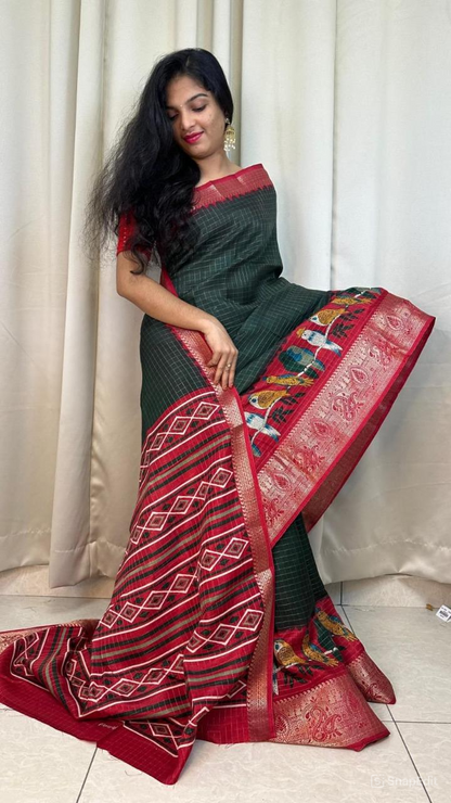 Dola Silk Saree with Jari Chex Design & 9" Jacquard Border (Running Blouse Included)