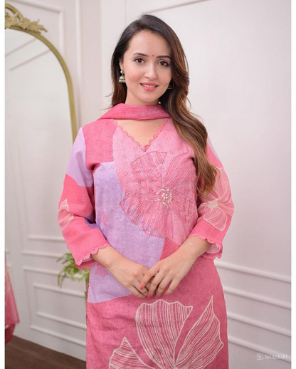 Shiffli Linen Suit Set with Embroidery & Lace