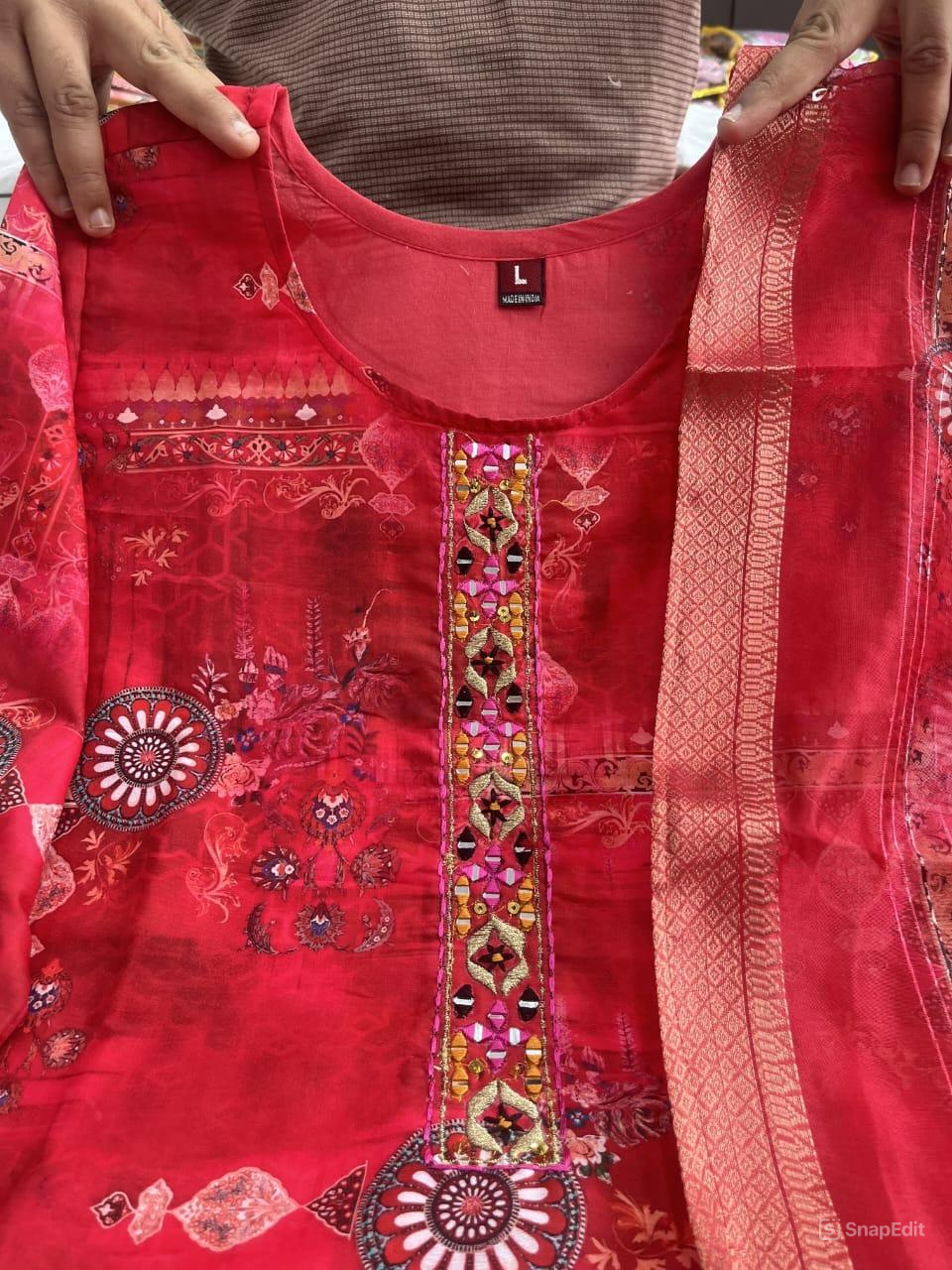 Red Silk Cutdana & Mirror Work Suit Set with Zari J Card Weaving