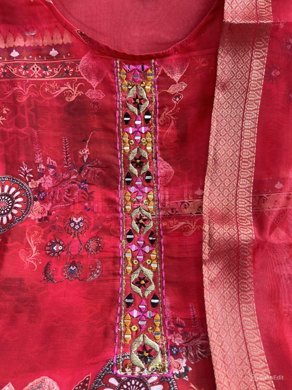 Red Silk Cutdana & Mirror Work Suit Set with Zari J Card Weaving