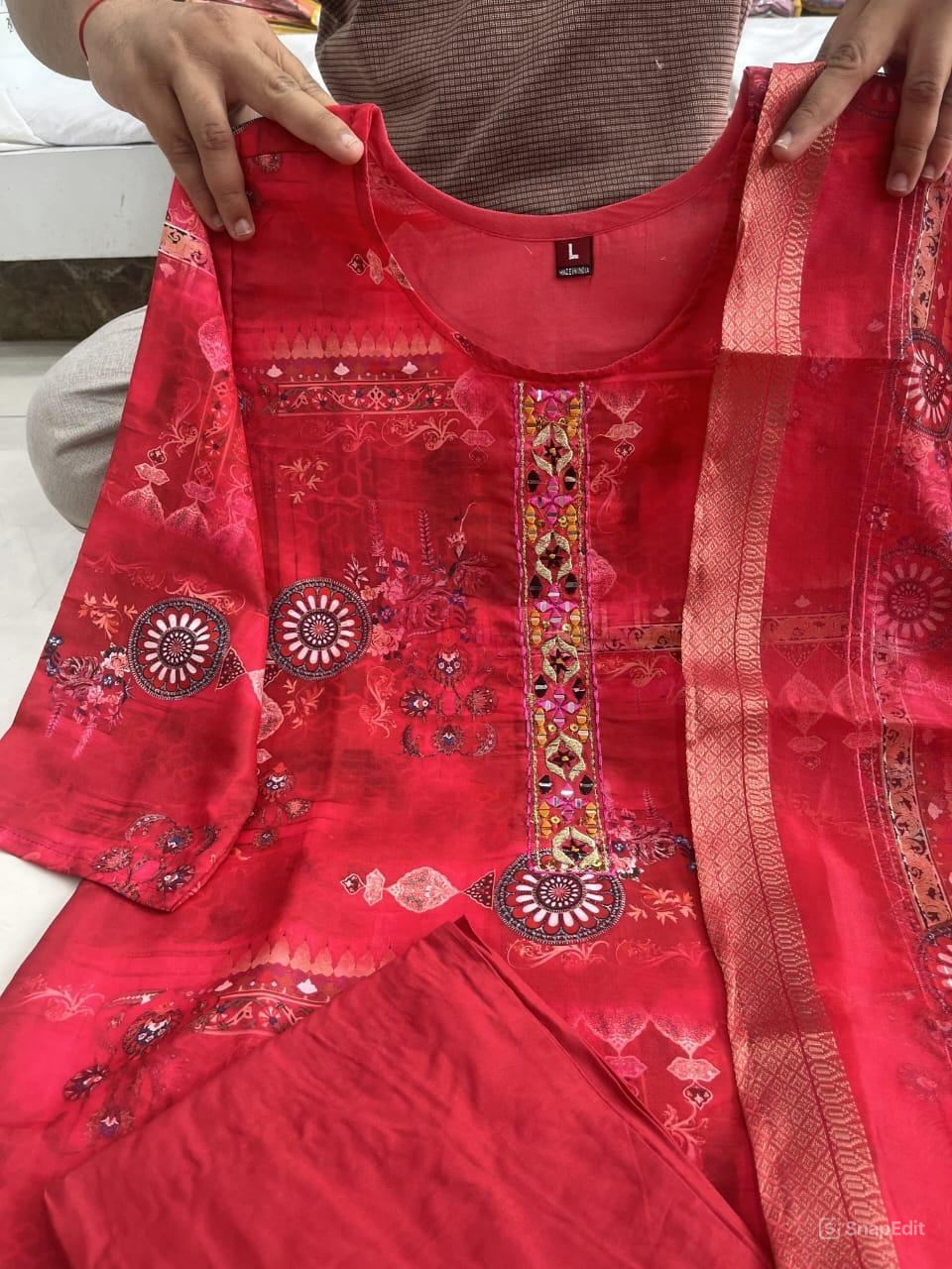 Red Silk Cutdana & Mirror Work Suit Set with Zari J Card Weaving