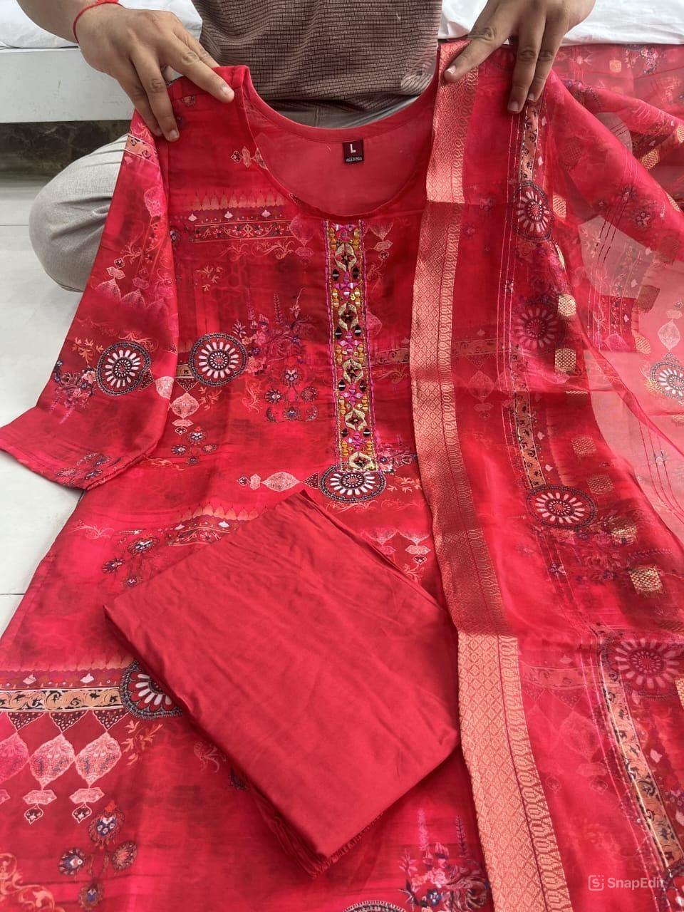 Red Silk Cutdana & Mirror Work Suit Set with Zari J Card Weaving