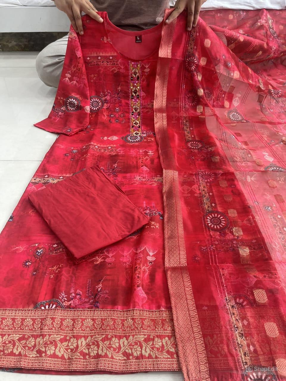 Red Silk Cutdana & Mirror Work Suit Set with Zari J Card Weaving