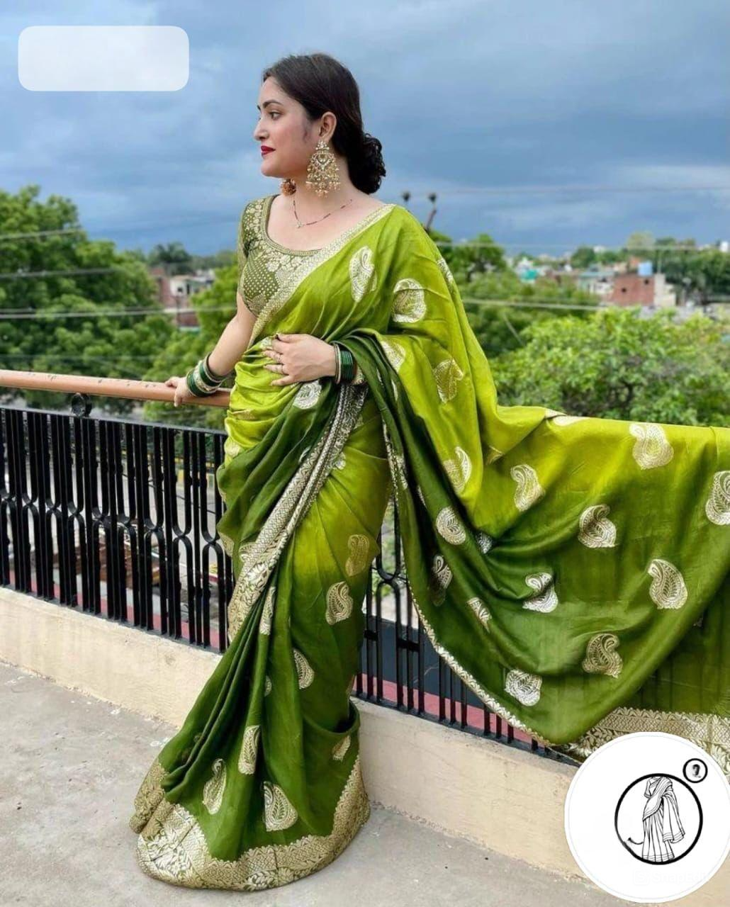 Russian Dola Silk Saree with Gota Bijiya and Zari Waiving, Paired with Contrasting Zari Blouse