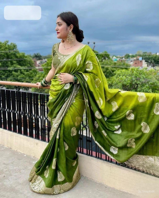 Russian Dola Silk Saree with Gota Bijiya and Zari Waiving, Paired with Contrasting Zari Blouse