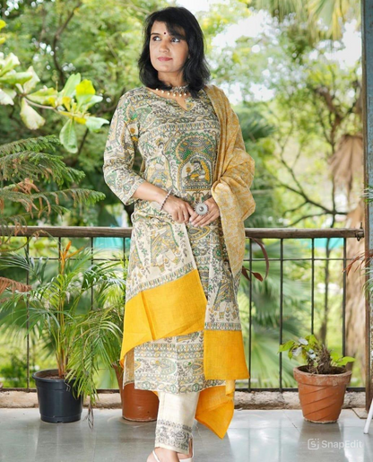 Rayon Kurti with Rajasthani Print, Pant, and Cotton Dupatta - Fully Stitched Set