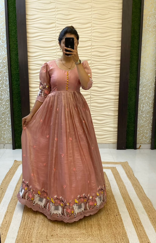 Soft Crush Gown with Pichwai Embroidery & Arco Border – Fully Stitched