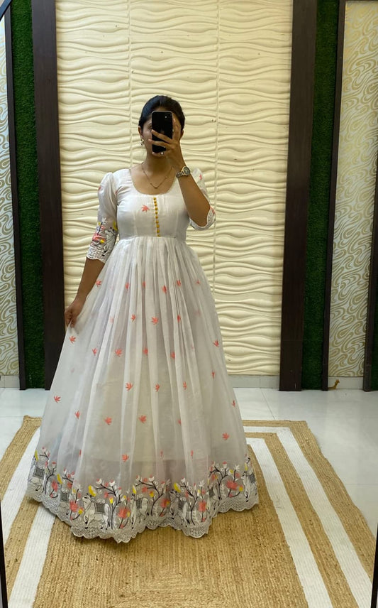 Soft Crush Gown with Pichwai Embroidery & Arco Border – Fully Stitched