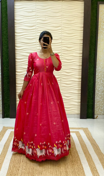 Soft Crush Gown with Pichwai Embroidery & Arco Border – Fully Stitched