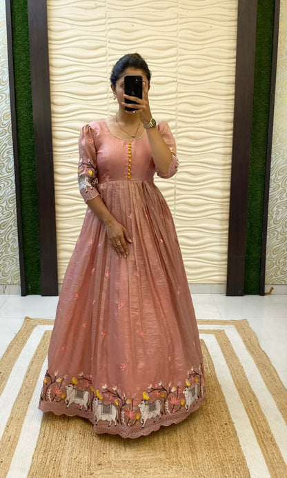 Soft Crush Gown with Pichwai Embroidery & Arco Border – Fully Stitched