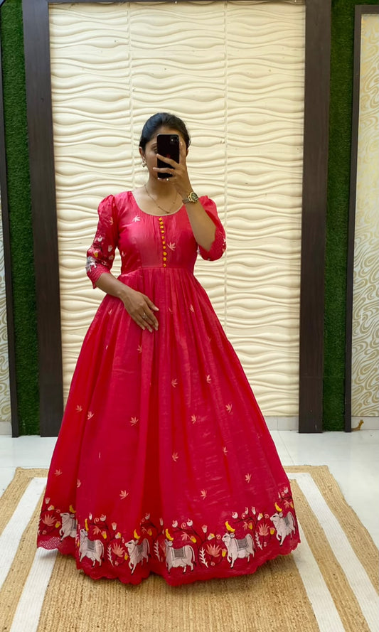 Soft Crush Gown with Pichwai Embroidery & Arco Border – Fully Stitched