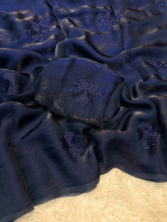 Space Fancy Silk Saree with Beads work & Viscose Thread Embroidered Butti Work
