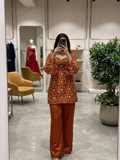 Space Silk Embroidered Peplum Set with Bell Sleeves & Flared Pants