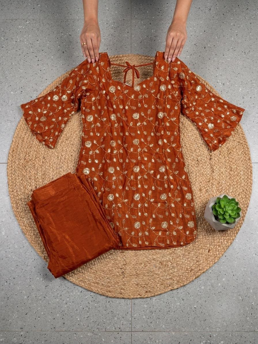 Space Silk Embroidered Peplum Set with Bell Sleeves & Flared Pants
