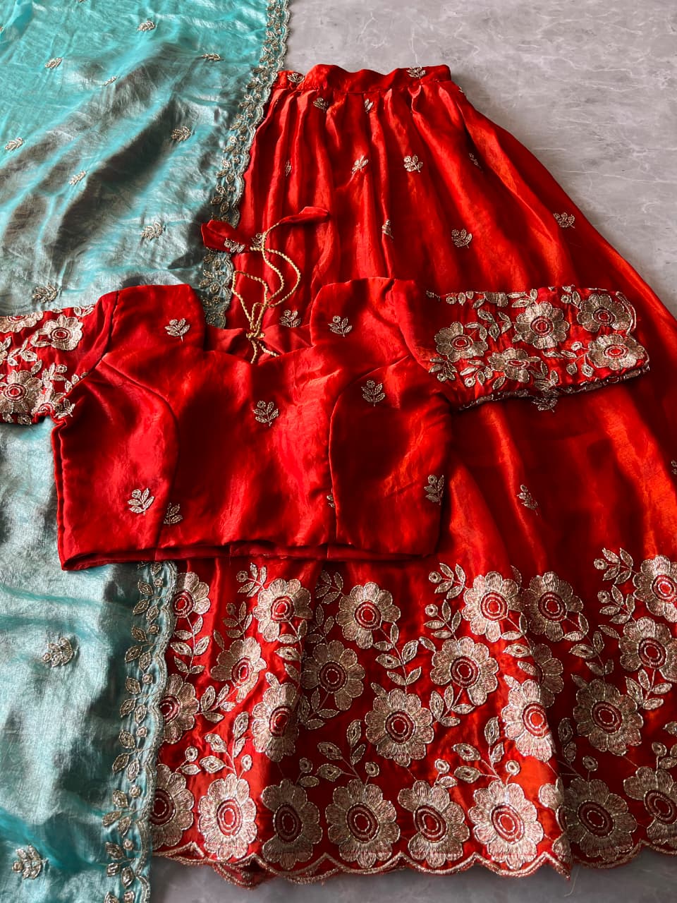 Space Silk Embroidered Stitched Lehenga Choli Set with Scalloped Dupatta