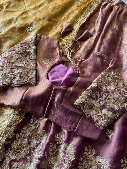 Space Silk Embroidered Stitched Lehenga Choli Set with Scalloped Dupatta