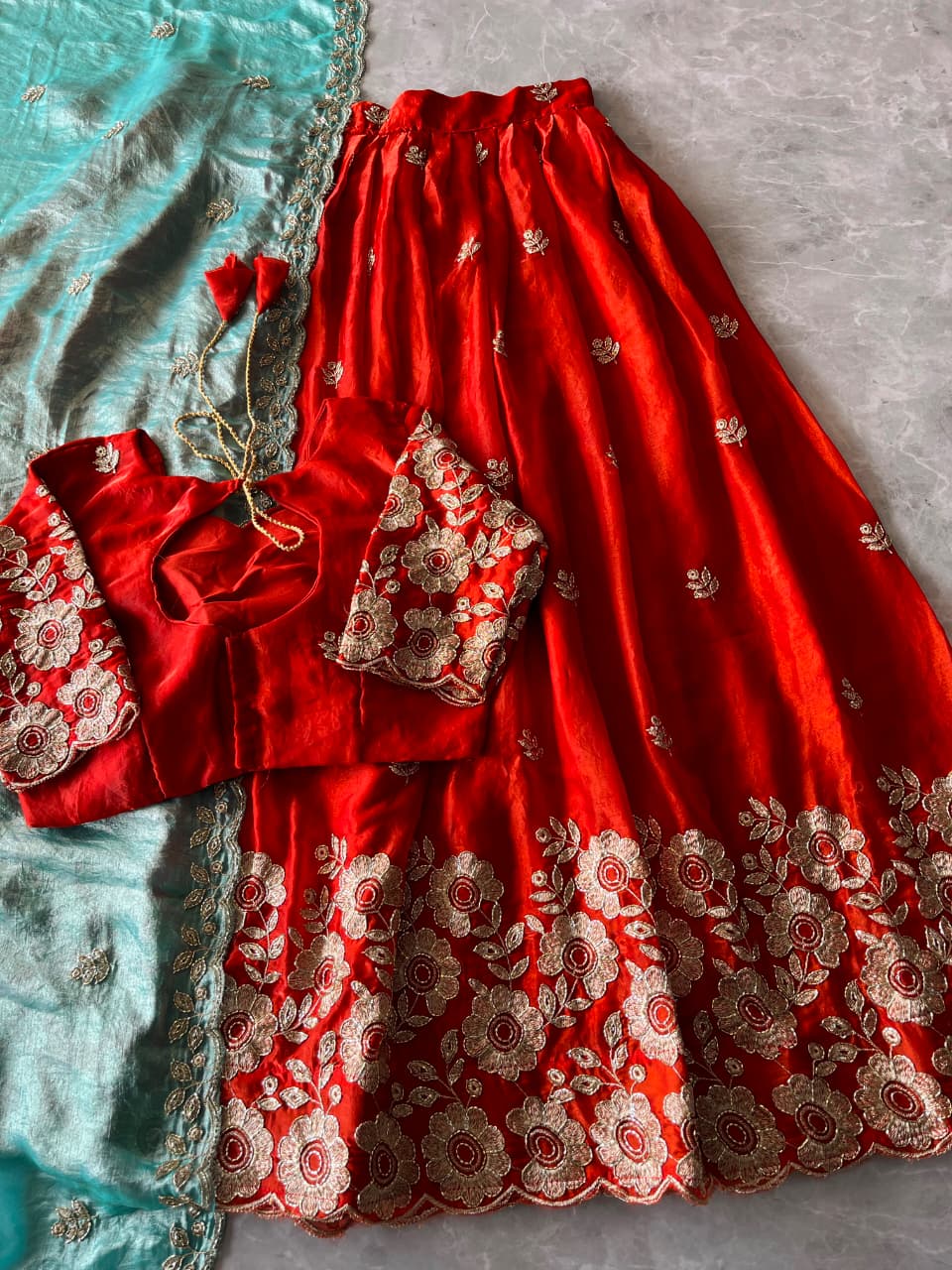 Space Silk Embroidered Stitched Lehenga Choli Set with Scalloped Dupatta
