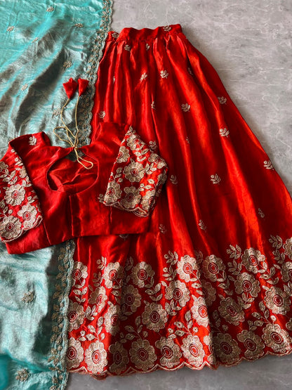 Space Silk Embroidered Stitched Lehenga Choli Set with Scalloped Dupatta