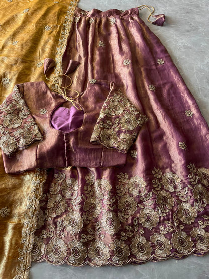 Space Silk Embroidered Stitched Lehenga Choli Set with Scalloped Dupatta