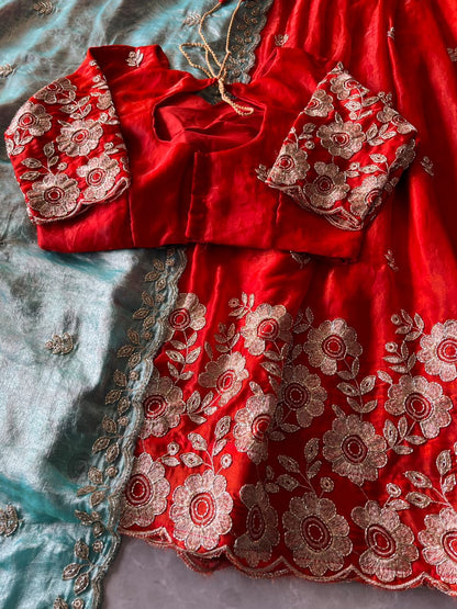 Space Silk Embroidered Stitched Lehenga Choli Set with Scalloped Dupatta
