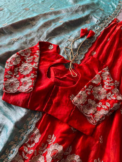 Space Silk Embroidered Stitched Lehenga Choli Set with Scalloped Dupatta