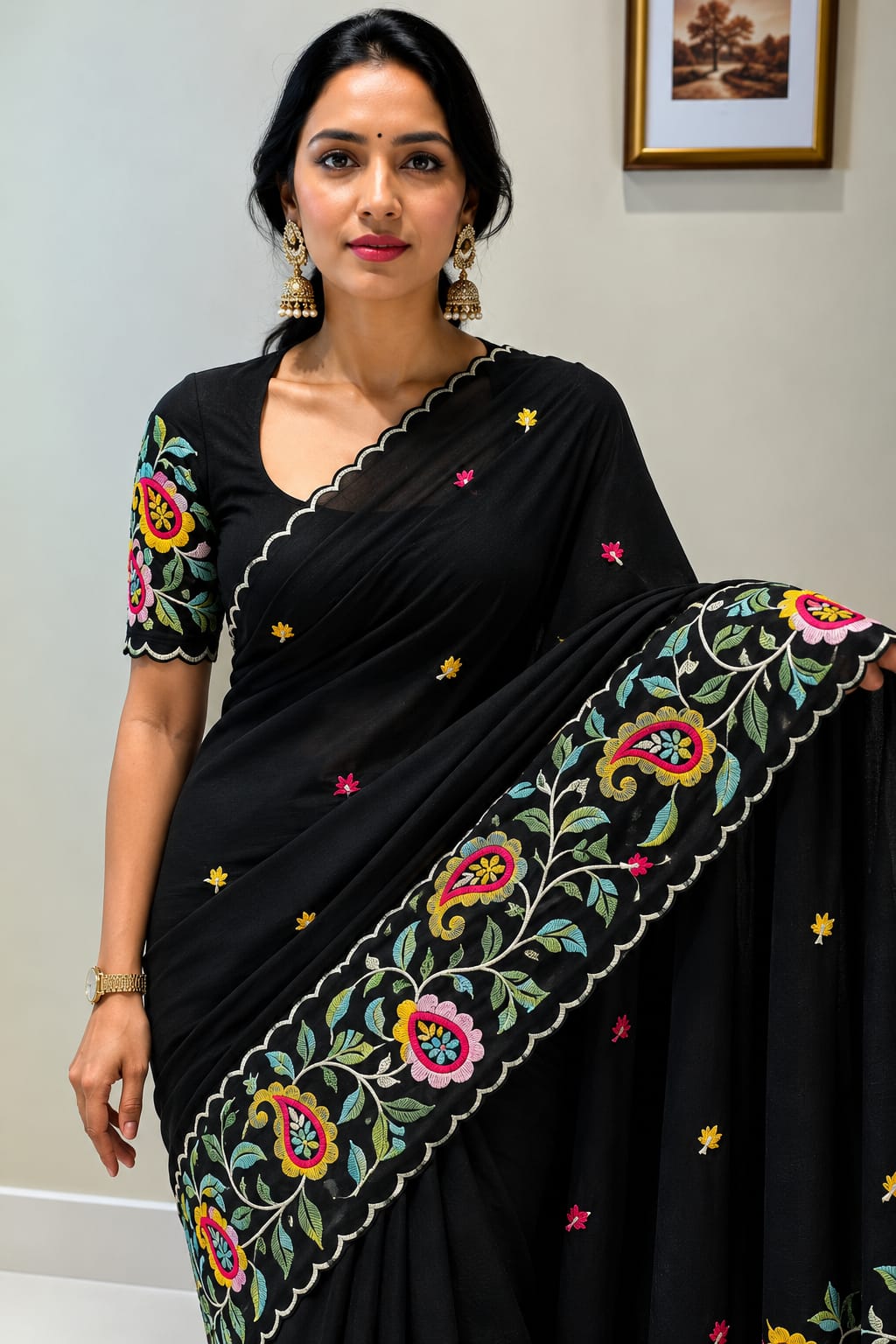 Star Georgette Saree with Embroidered Work and Blouse Piece
