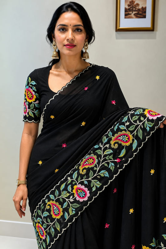 Star Georgette Saree with Embroidered Work and Blouse Piece