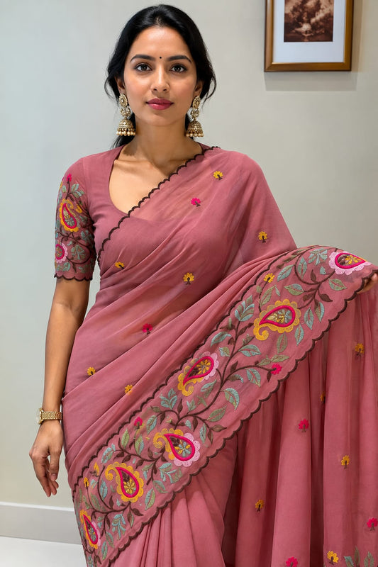 Star Georgette Saree with Embroidered Work and Blouse Piece