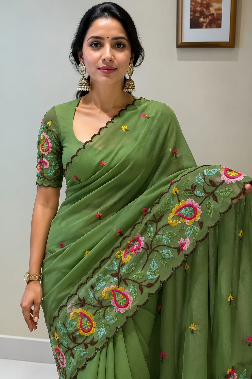 Star Georgette Saree with Embroidered Work and Blouse Piece
