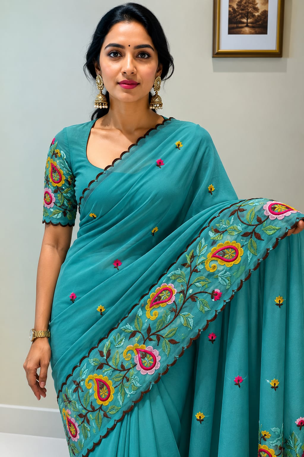 Star Georgette Saree with Embroidered Work and Blouse Piece