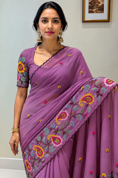 Star Georgette Saree with Embroidered Work and Blouse Piece