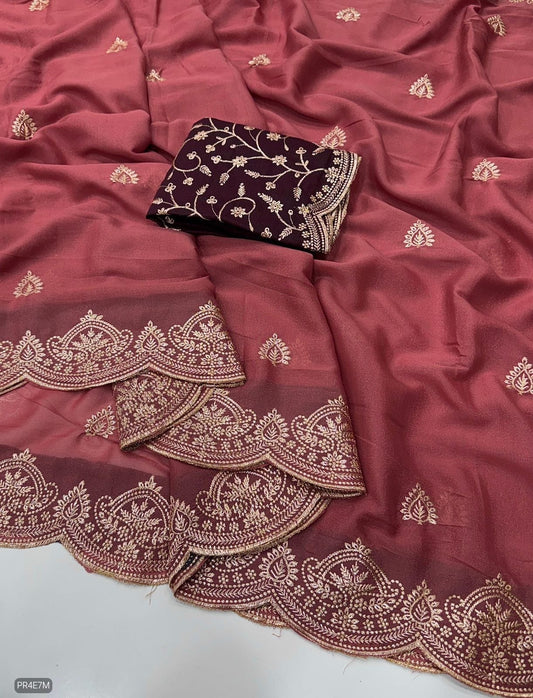 Star Georgette Saree with Embroidery Work & Contrast Blouse